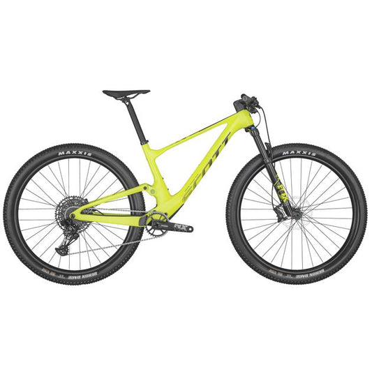 2022 yellow 29" Scott spark full suspension mountain bike.